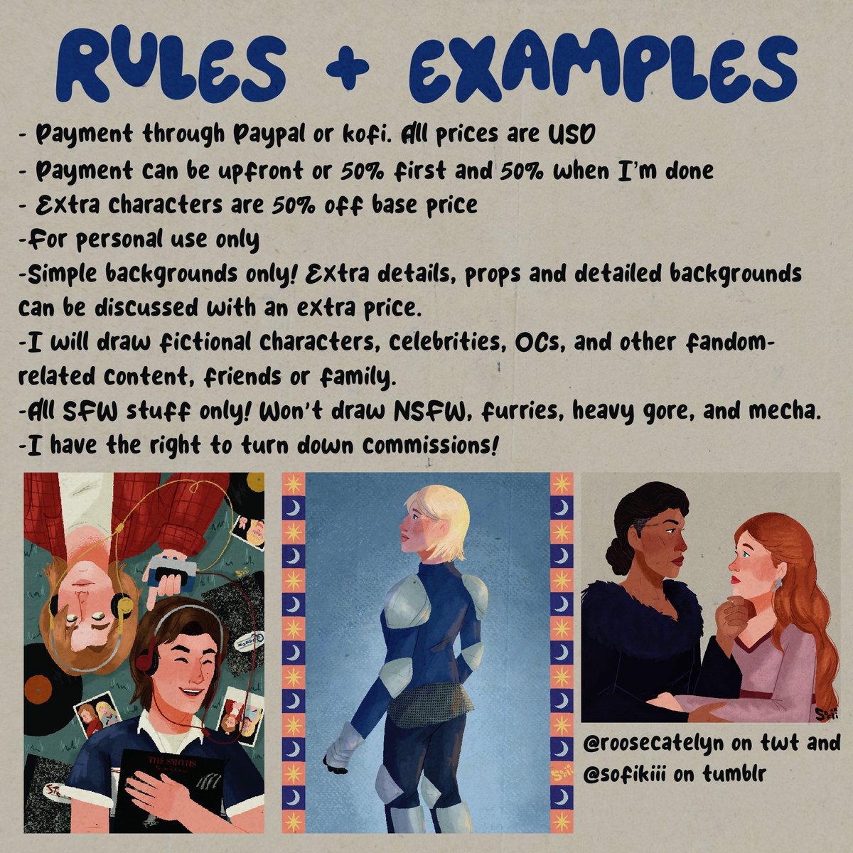 opening comms :] all prices are USD and you can message me if you’re interested!! full comms might be limited depending on the demand but the icon comms will remain open through ko-fi !!