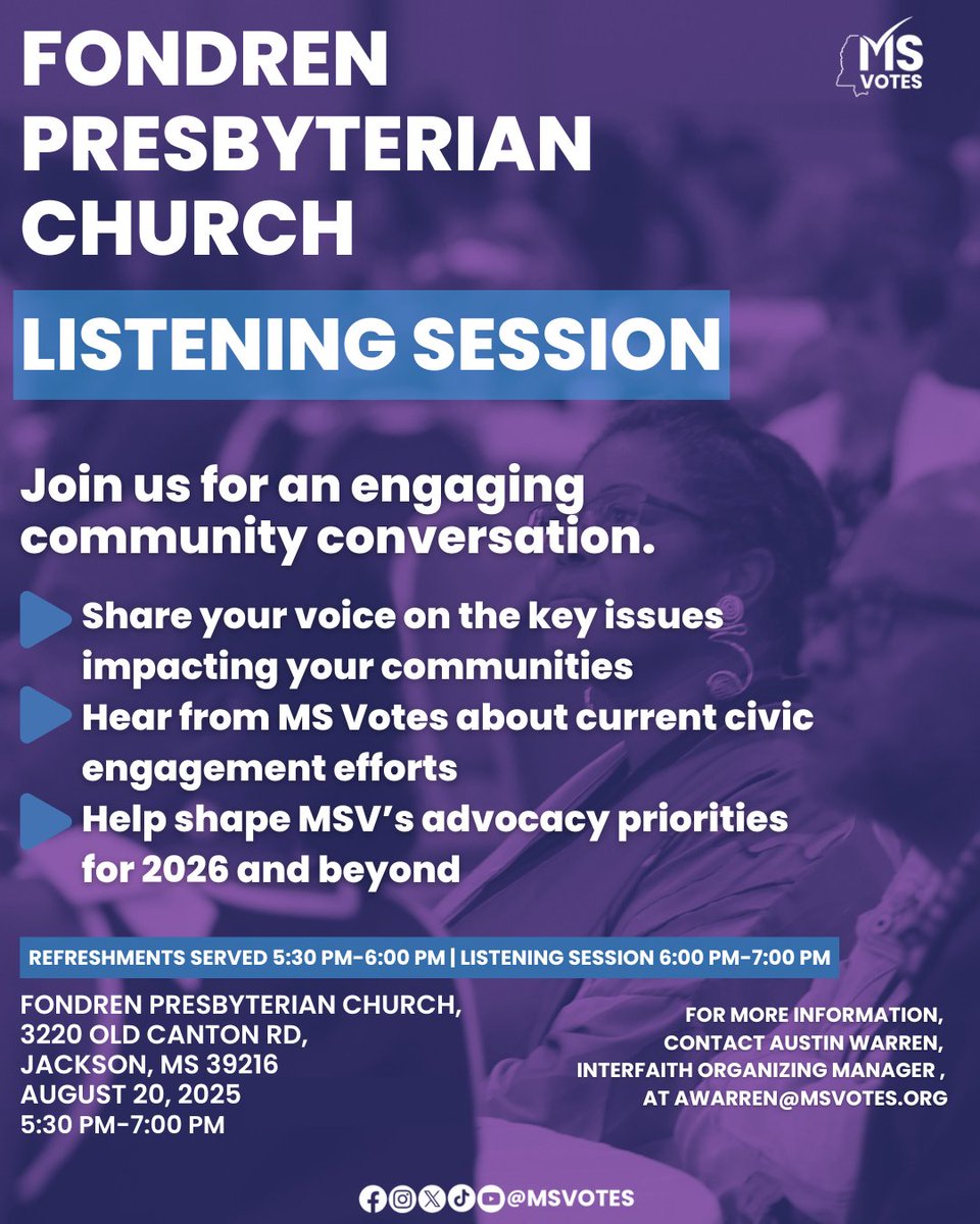 MSVotes's tweet photo. We’re gathering TOMORROW at Fondren Presbyterian Church for an important Listening Session. Come share what matters most to you, learn about civic engagement efforts, and be part of building Mississippi’s future.

Aug 20 | 5:30–7 PM
Light refreshments provided!
#MSVotes #Up2Us https://t.co/HCrzbLilH5