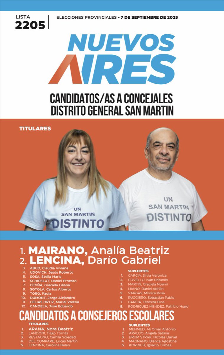 El 7 de Septiembre vamos por un San Martín Distinto, Tecnológico y Moderno.
¡Podemos Vivir Mejor!
Se vienen Nuevos Aires.