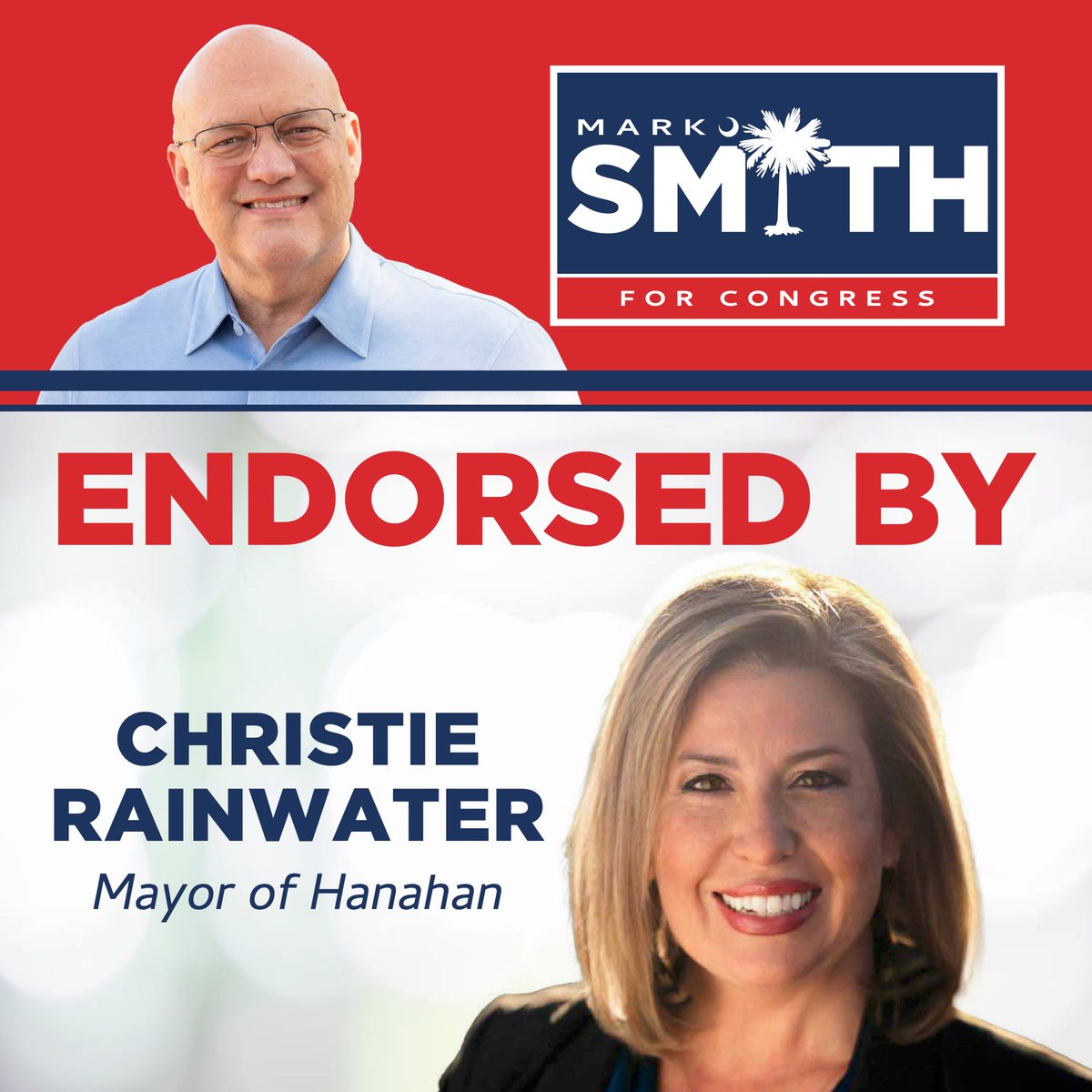 VoteMarkSmith's tweet photo. Thrilled to announce another endorsement ✅
Mayor Christie Rainwater of Hanahan is supporting our campaign for Congress!
Mayor Rainwater is a strong, proven leader for her community, and I’m honored to have her support as we fight for the Lowcountry’s future.
#TeamMarkSmith #LowcountryFirst #SC01