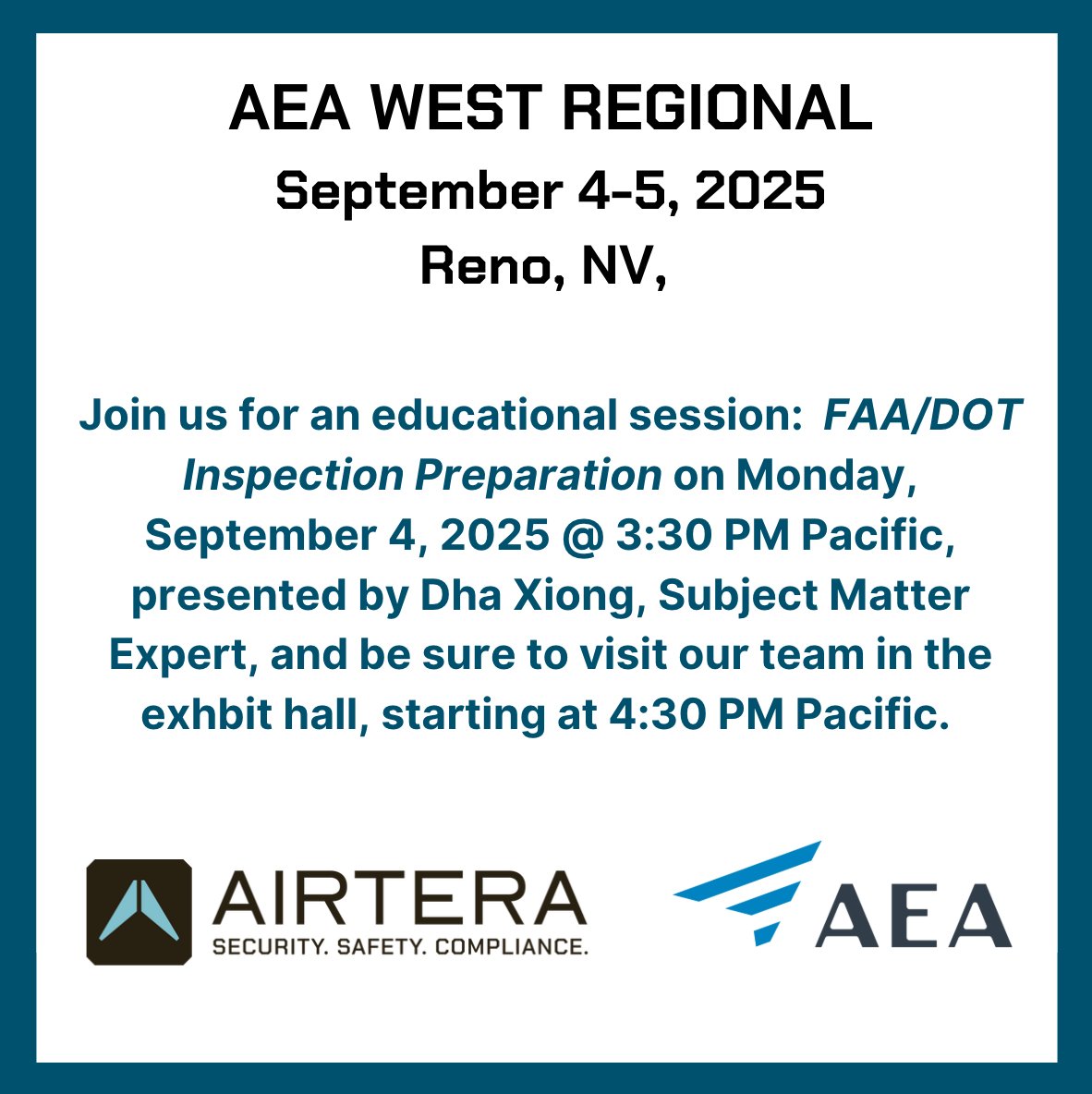 NATACS_Emily's tweet photo. @AEA_aero's West Regional Conference is happening next month and #AirTera is proud to support it! Visit with our team to learn more about our solutions for Drug Program Management, credentialing and Safety Management.  
Not attending? 
Request demo: https://t.co/WzoQciw6q4 https://t.co/cQ4TSRI8YP