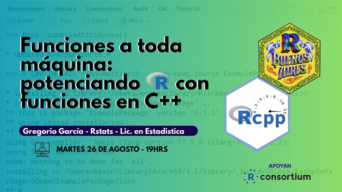 renbaires's tweet image. Nueva charla de R en Buenos Aires: Funciones a toda máquina potenciando R con funciones en C++
📅 Martes 26 de agosto - 19 hrs (ARG)
🎙️ Expositor: Gregorio García - Rstats - Lic. en Estadística (UNR)
Sumate en meetup.com/rbuenosaires/e…
#rstats #rcpp