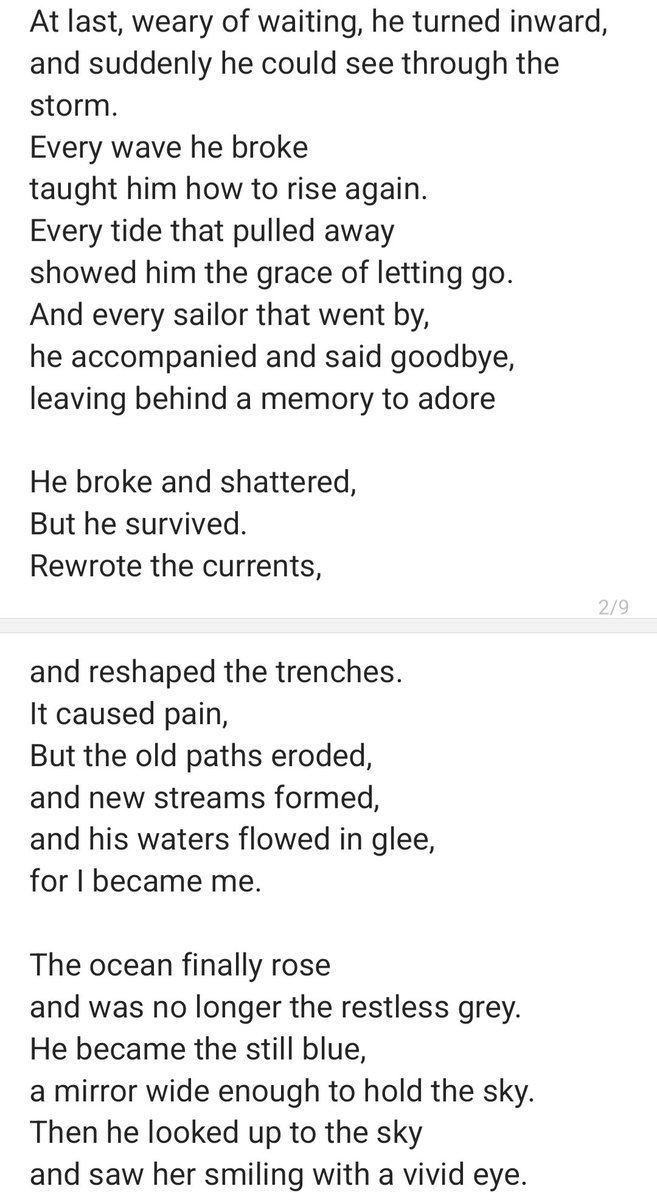 SilentEntropy08's tweet image. &quot;The Ocean and the Sky&quot;, a poem I wrote, inspired by my own journey. The first two acts reflect my past and present, the last two are what I long for in the future.

Those who know me will understand the meaning of this poem. Give it a read, thanks.