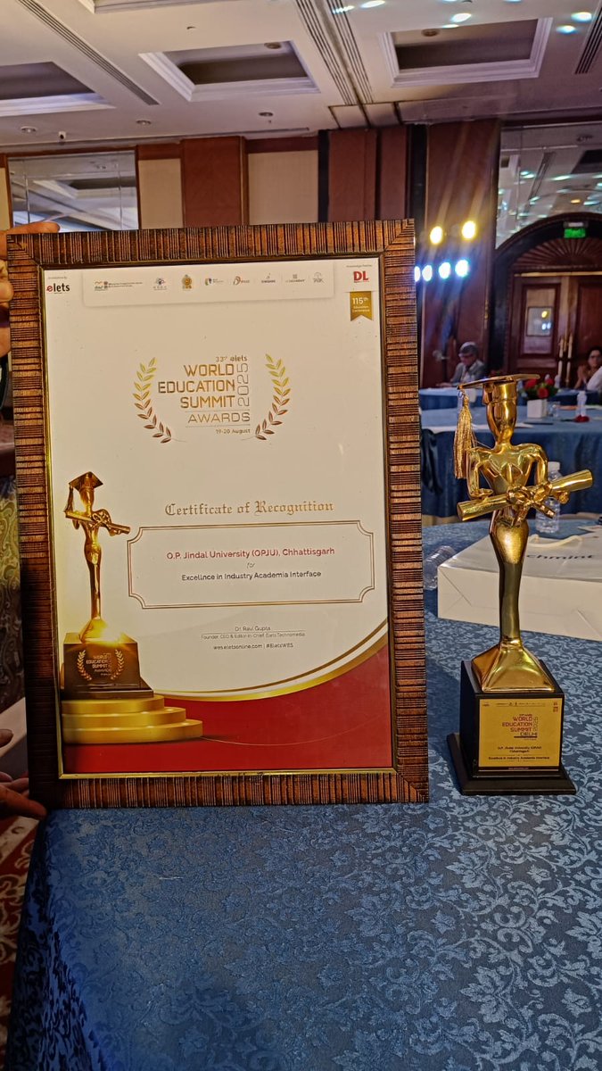 OPJUniversity's tweet photo. Honored to receive the 'Excellence in Industry-Academia Interface' Award at the Elets 33rd World Education Summit.
Heartfelt gratitude to our visionary leadership, Hon'ble Chairman Sir @MPNaveenJindal &amp; Chancellor Mam @ShalluJindal_ &amp; the tireless efforts of our faculty &amp; staff. https://t.co/ZSYm3dZV1r