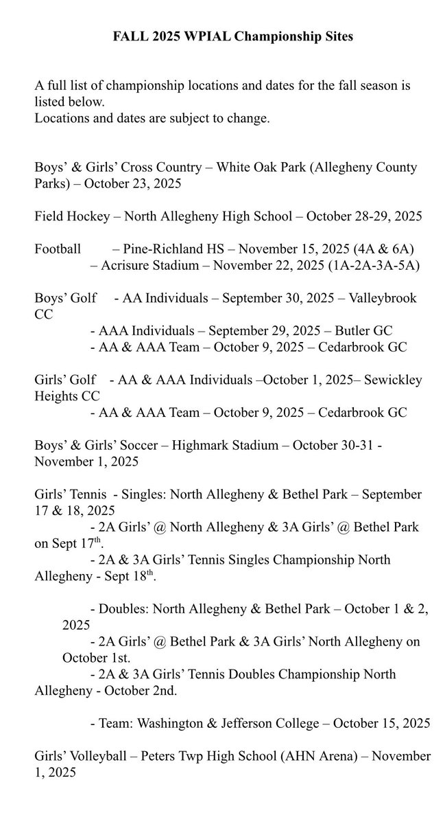 The 2025 WPIAL Football Championship Locations have been confirmed by the WPIAL. 

November 15, 2025 
6A and 4A will play at Pine Richland

November 22, 2025
1A, 2A, 3A and 5A will be played at Acrisure

Source: <a href="/wpial7/">WPIAL</a>