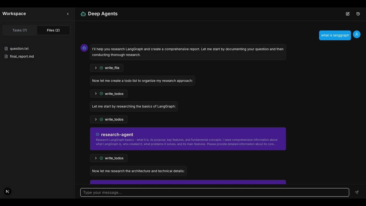 🔬Building Deep Research on top of DeepAgents

DeepAgents sets a solid foundation, with built in planning, subagents, and file system usage

It's pretty easy to build a comprehensive Deep Research on top of this!

YouTube: youtu.be/geTtqyFnyHA
Code: github.com/hwchase17/deep…