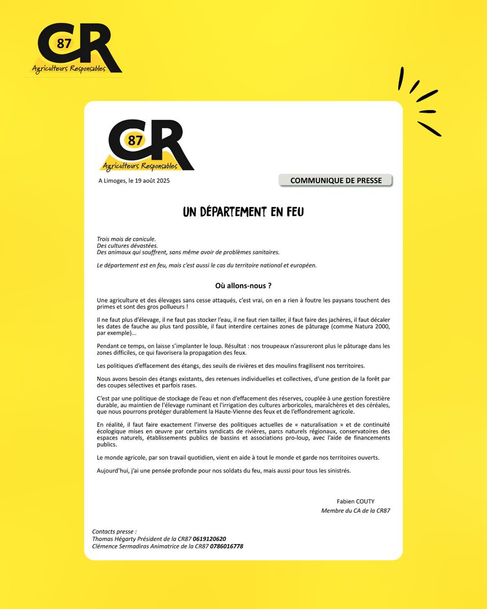 🟡⚫️UN DEPARTEMENT EN FEU
🔴RETROUVEZ LE COMMUNIQUE DE PRESSE DE LA CR87 
#aubraie
#eptbvienne
#eelvlimousin
#pnrmillevaches
#pnrperigord
#ConseilDepartementalHauteVienne
#sabv
#agencedeleauloirebretagne
#agencedeleauaudourgaronne