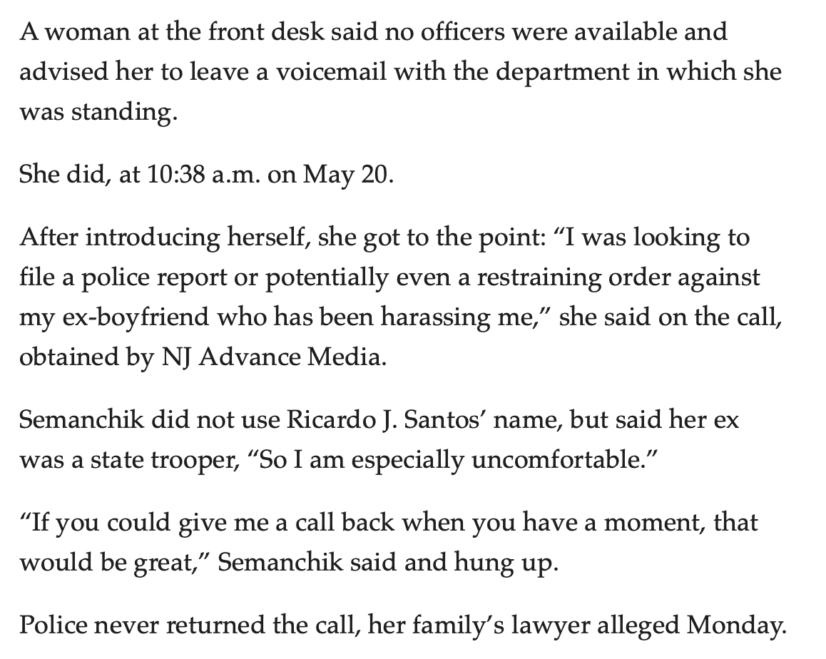The woman killed by her State Trooper ex-boyfriend left a message with Franklin Township police seeking a restraining order. They never called back, according to her family.