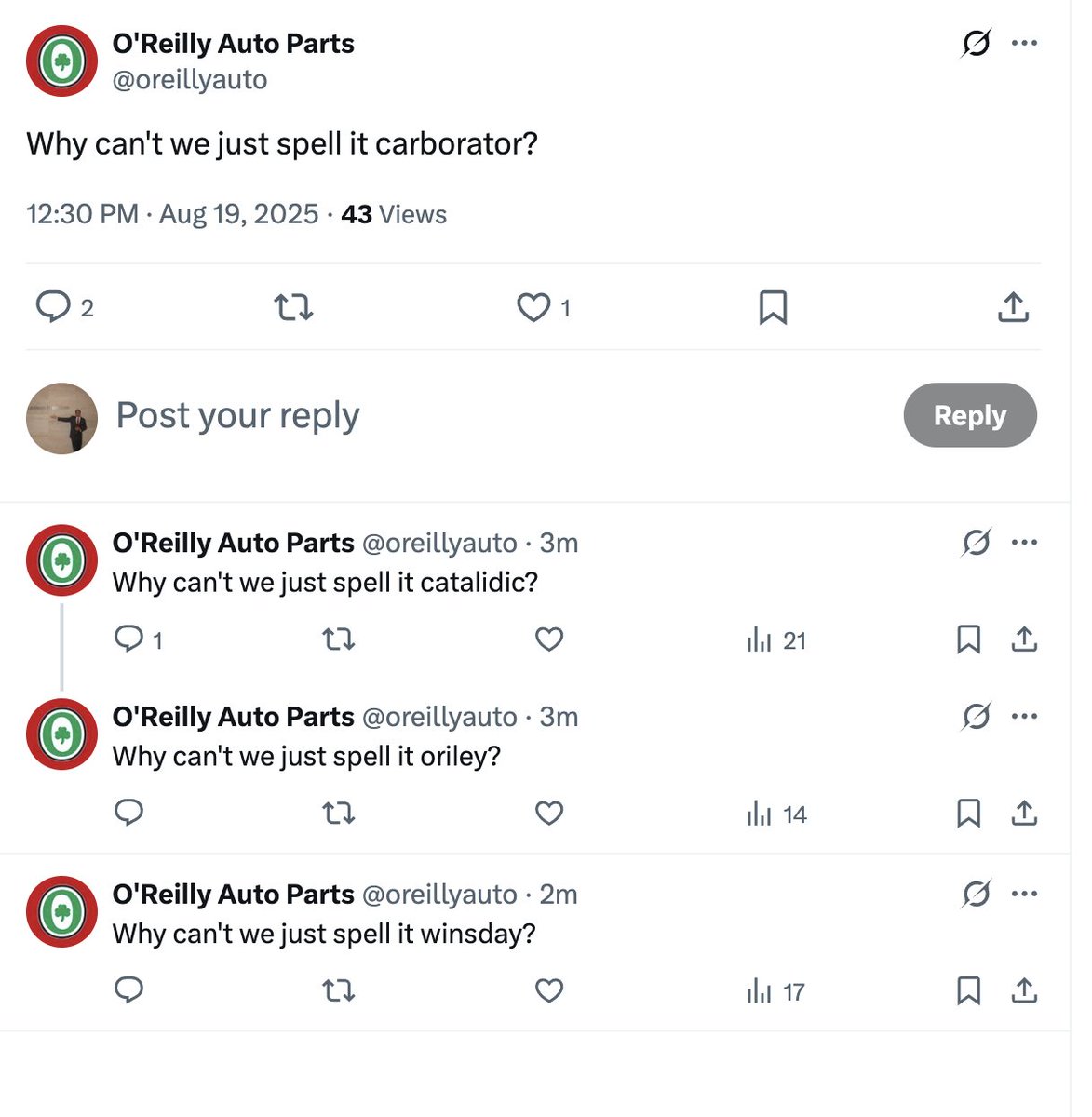 Matt McClintock (@mattjmcclintock) on Twitter photo <a href="/oreillyauto/">O'Reilly Auto Parts</a> Did the $ORLY social media team have a few drinks at lunch today?
x.com/oreillyauto/st… <a href="/oreillyauto/">O'Reilly Auto Parts</a> Did the $ORLY social media team have a few drinks at lunch today?
x.com/oreillyauto/st…