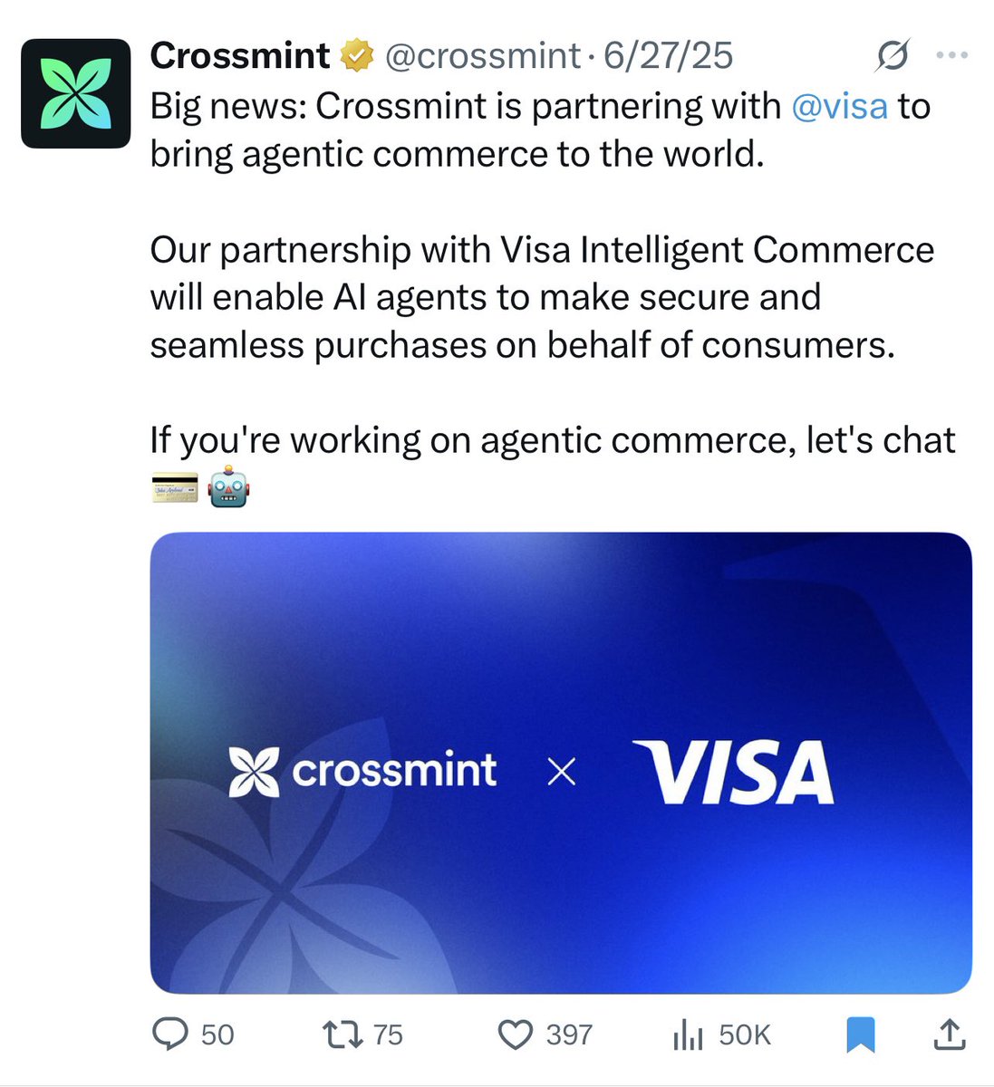 Crossmint partnering with Visa for AI agents tweet screenshot
