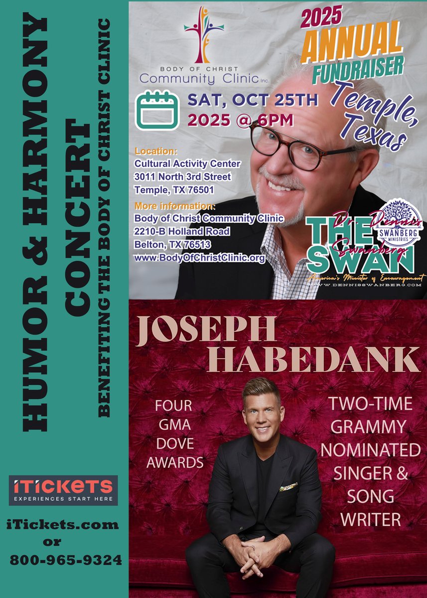 Join me and <a href="/JosephHabedank/">Joseph Habedank</a> as we support The Body of Christ Community Clinic with Humor &amp; Harmony this October 25th in Temple, Texas! We hope to see you there! 

bodyofchristclinic.org