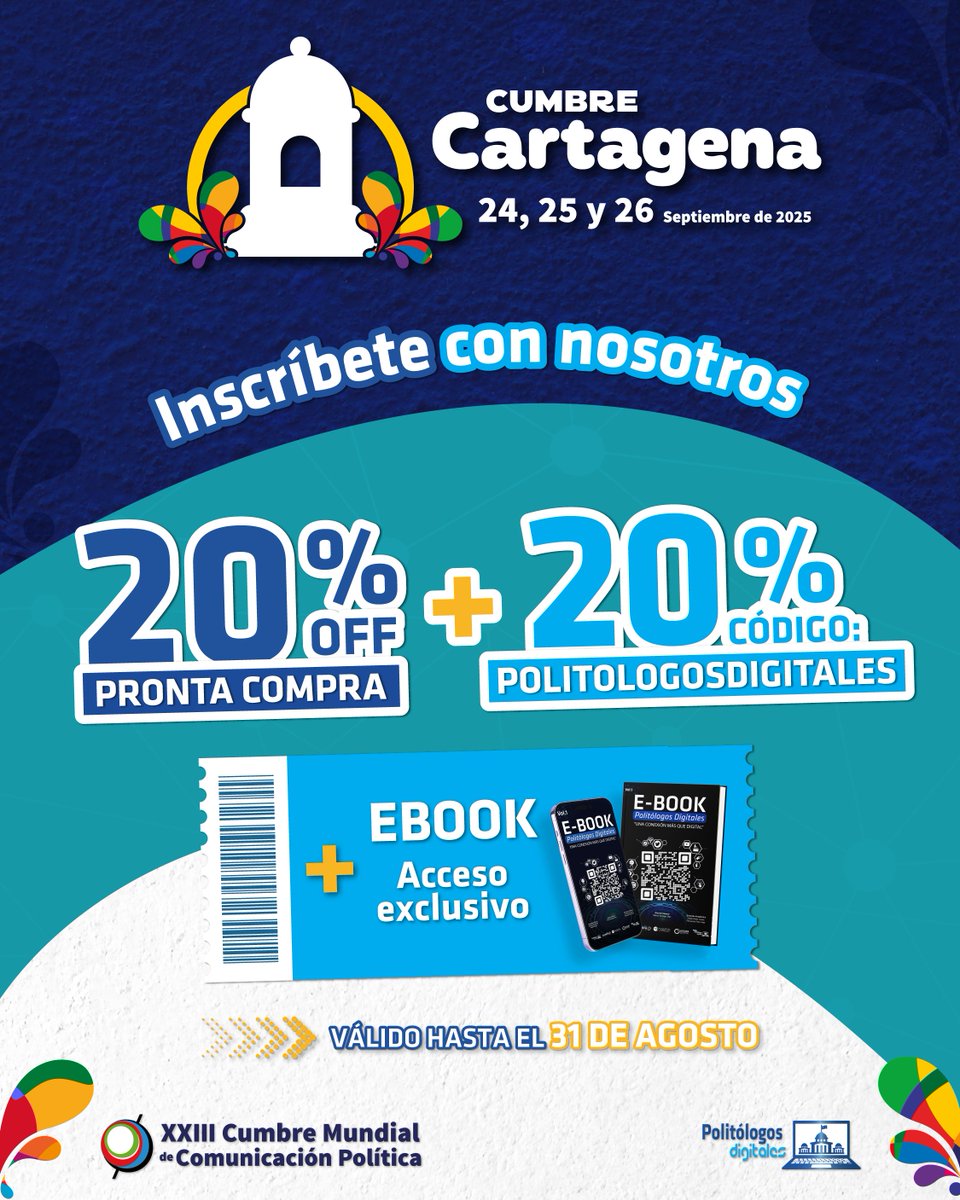 🇨🇴 ¡La #CumbreCartagena está por llegar y en #PolitólogosDigitales tenemos sorpresas especiales para ti!

👉 Aprovecha:
🎁 20% de DSCTO por PRONTA COMPRA + 20% EXTRA con el código: POLITOLOGOSDIGITALES 
⚠ Solo hasta el 31 de Agosto

📅24, 25 y 26 de Sep
🔗cumbrecp.com