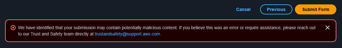 BigNem's tweet photo. Trying to report a malicious email sent using aws services using their recommended method, and they block the report due to malicious content.... 🤦@awssupport https://t.co/IS1KuhQvSf