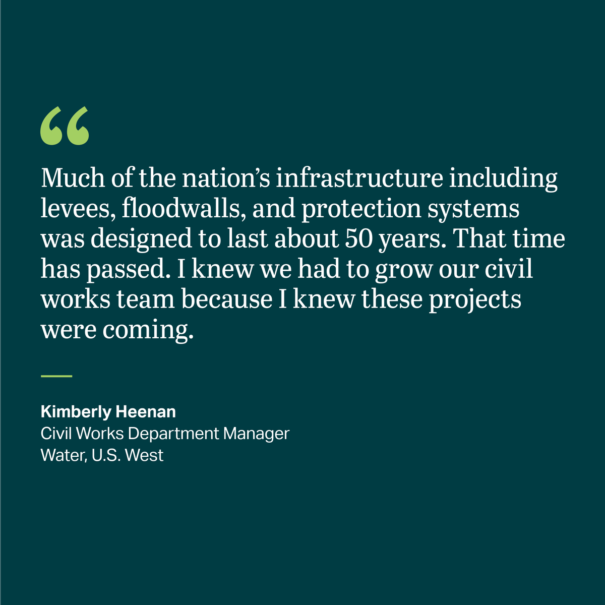 AECOM's tweet photo. Today’s #PeopleSpotlight features Kimberly Heenan, Civil Works department manager, U.S. West.

With over $2.5 billion in constructed projects, Kimberly has helped deliver more than 275 miles of levee systems and 35 dams. Discover how she’s designing for hazard #resilience.
