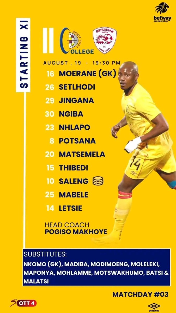 ORBIT FC (@_orbit_fc) on Twitter photo Team sheet
π|Betway Premiership
π| <a href="/SekhukhuneFc/">Sekhukhune United F.C.</a>
Our technical team made 1 change in the starting 11 where Tshepo Matsemela comes in for Atisang Batsi who drops to the bench
On the substituions Muhluri Ubisi drops out then comes in Lucky Malatsi
#MswenkoBoys Team sheet
π|Betway Premiership
π| <a href="/SekhukhuneFc/">Sekhukhune United F.C.</a>
Our technical team made 1 change in the starting 11 where Tshepo Matsemela comes in for Atisang Batsi who drops to the bench
On the substituions Muhluri Ubisi drops out then comes in Lucky Malatsi
#MswenkoBoys