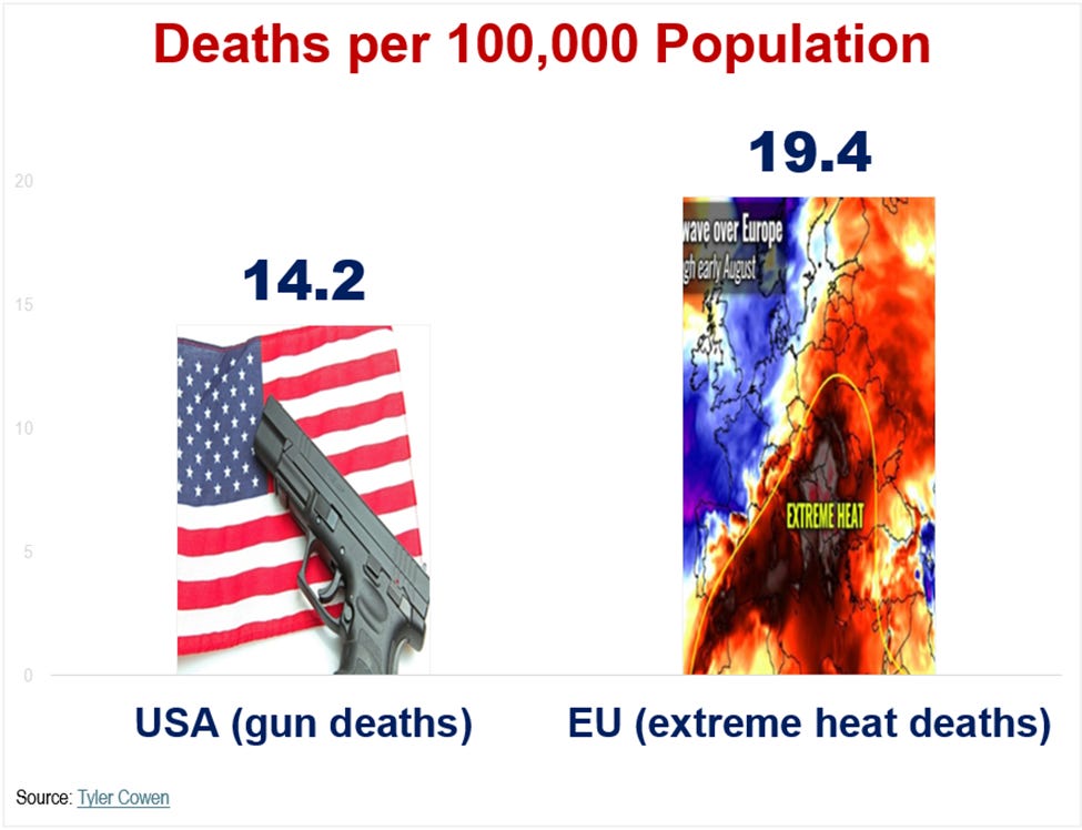 A mind-boggling chart, courtesy <a href="/bpmehlman/">Bruce Mehlman</a>.

Gun deaths in the U.S.: politics.

Heat deaths in Europe: ‘just weather.’

Both are 100% policy failures. One gets headlines. The other gets excuses. That needs to end.
