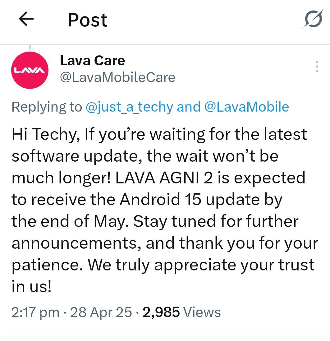 JaydevKorasne's tweet photo. @TechDekhoji LAVA  clearly wrote on 28 April that Lava Agni 2 will get the Android 15 update by the end of May. But May is over, and now even August is about to end.

Is this your commitment and customer trust?

Why are you giving fake hopes again and again and playing with users trust? https://t.co/HkNFdmQ239