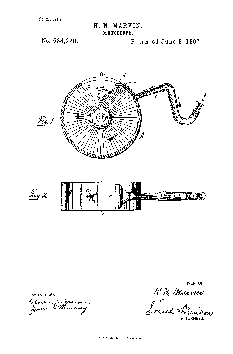 RealPreCinema's tweet photo. Marvin's US patent № 584228 granted 8 June 1897 was for a cylindrical Toy Mutoscope where the power to turn the images was provided by the viewer's breath. #HarryMarvin #AMBC #historyofmovies #precinema
Marvin was able to tap into the children’s pre cinema market, but it took 21 months for this motion toy to be approved. Rossell 2022, p184.