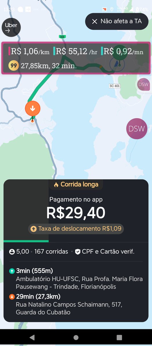 Alison_Floripa's tweet photo. Isso aqui continua acontecendo porque o MOTORISTA aceita esse tipo de corrida. Tá na hora da gente parar de ficar nessa de "se eu n fizer, outro faz."
@voude99 tá de sacanagem ne. Ruim pro motorista, que fica parado e pro passageiro que espera muito tempo e tem a viagem cancelada https://t.co/yl4y4foGwd