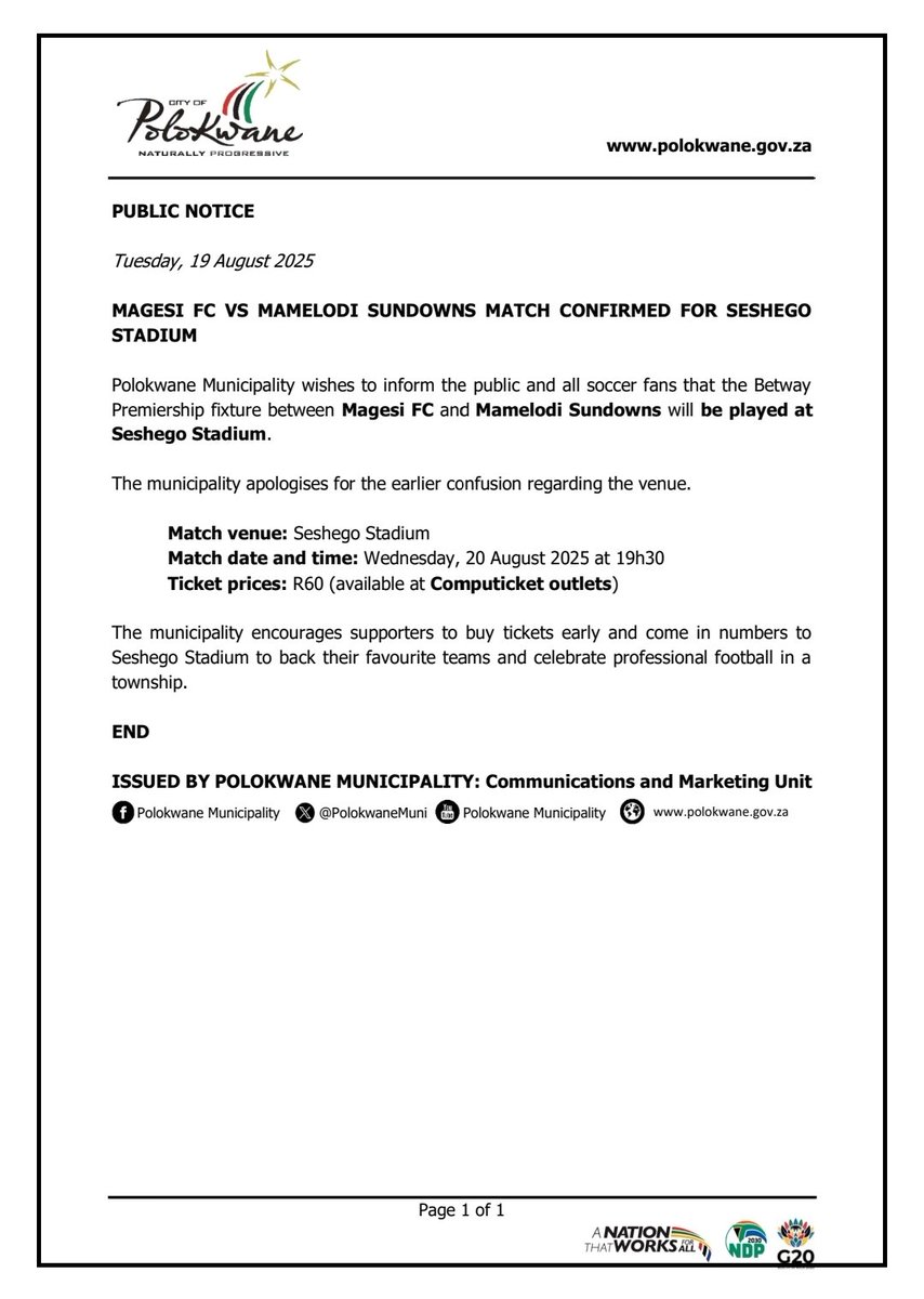 SESHEGO, ARE YOU READY?

Magesi FC vs Mamelodi Sundowns
Seshego Stadium | Wed, 20 Aug | 19h30
🎟 R60 @ Computicket

Township football, PSL stars, vibes and YOU. 

Don’t just hear about it, BE about it.

End