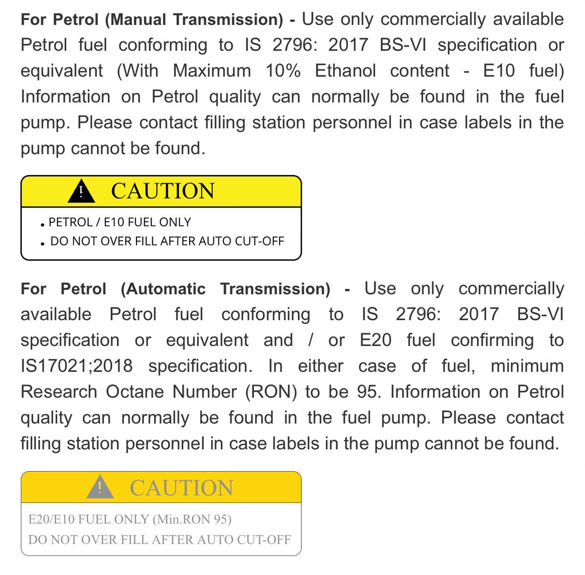 Sandeep Parkhi (@sparkhi) on Twitter photo From XUV700 owner’s manual. Petrol manual transmission cars are E10 compatible and Petrol Automatic cars are E20 compatible with 95 octane.
<a href="/PetroleumMin/">Ministry of Petroleum and Natural Gas #MoPNG</a> <a href="/HardeepSPuri/">Hardeep Singh Puri</a> <a href="/nitin_gadkari/">Nitin Gadkari</a> <a href="/narendramodi/">Narendra Modi</a> <a href="/PMOIndia/">PMO India</a> Where do we get E10 petrol?
<a href="/anandmahindra/">anand mahindra</a> <a href="/Mahindra_Auto/">Mahindra Automotive</a> From XUV700 owner’s manual. Petrol manual transmission cars are E10 compatible and Petrol Automatic cars are E20 compatible with 95 octane.
<a href="/PetroleumMin/">Ministry of Petroleum and Natural Gas #MoPNG</a> <a href="/HardeepSPuri/">Hardeep Singh Puri</a> <a href="/nitin_gadkari/">Nitin Gadkari</a> <a href="/narendramodi/">Narendra Modi</a> <a href="/PMOIndia/">PMO India</a> Where do we get E10 petrol?
<a href="/anandmahindra/">anand mahindra</a> <a href="/Mahindra_Auto/">Mahindra Automotive</a>