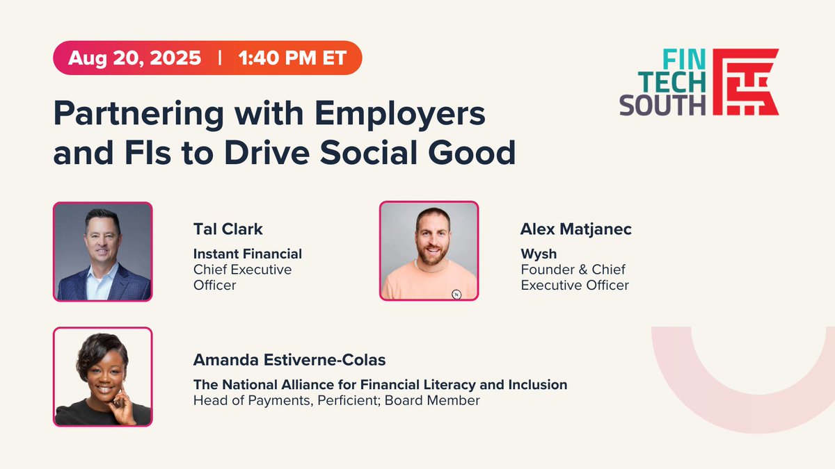 Tomorrow at <a href="/FintechSouth/">Fintech South</a>! 🚀

Catch Instant's CEO <a href="/TClark64/">Tal Clark</a> on the panel: Partnering with Employers and FIs to Drive Social Good
📅 Aug 20 | 🕐 1:40 PM

He’ll share how fintechs are improving financial health &amp; resilience: bit.ly/41gfupc

#FintechSouth #Fintech