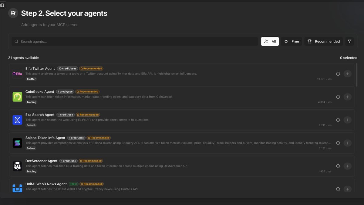 Heurist 代理选择界面，显示各种 AI 代理，如 Elfa Twitter Agent 和 CoinGecko Agent