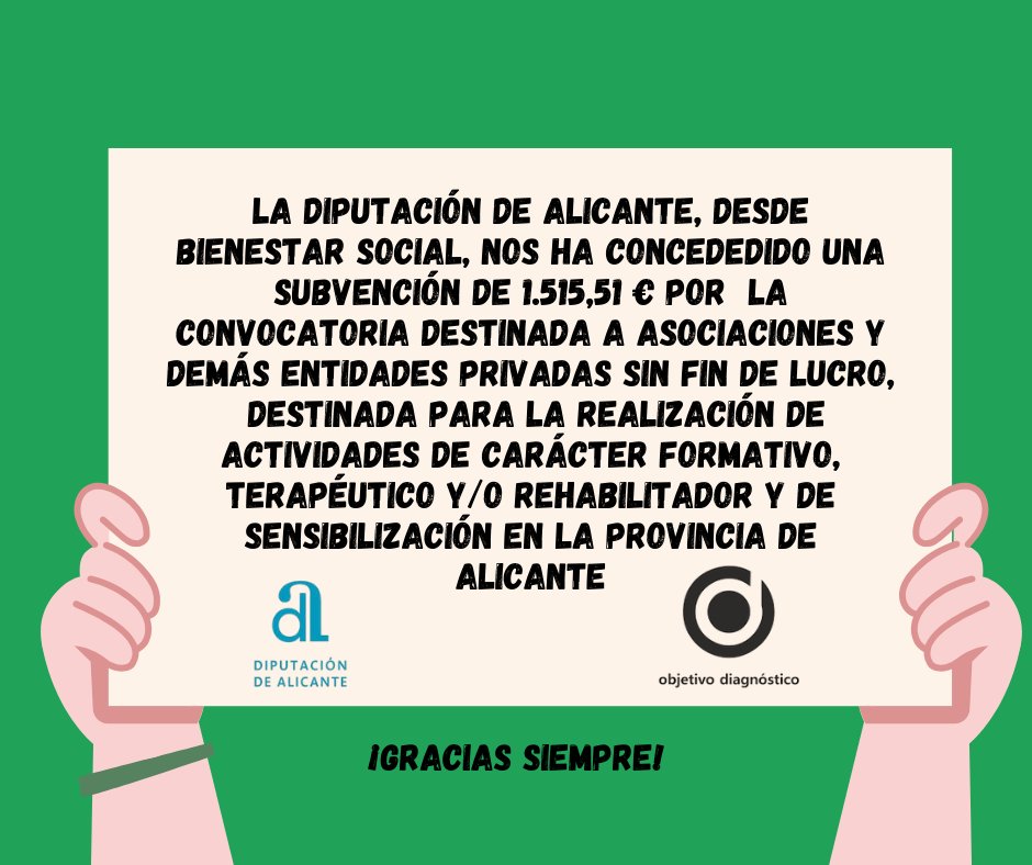 @diputacionalicante 
Agradecid@s de contar con ayudas y seguir adelante en nuestro objetivo de dar visibilidad, investigación y apoyo a las familias que no tienen un diagnóstico claro.
#objetivodiagnostico #diputaciondealicante #subvenciones 
#enfermedadesraras #sindiagnóstico