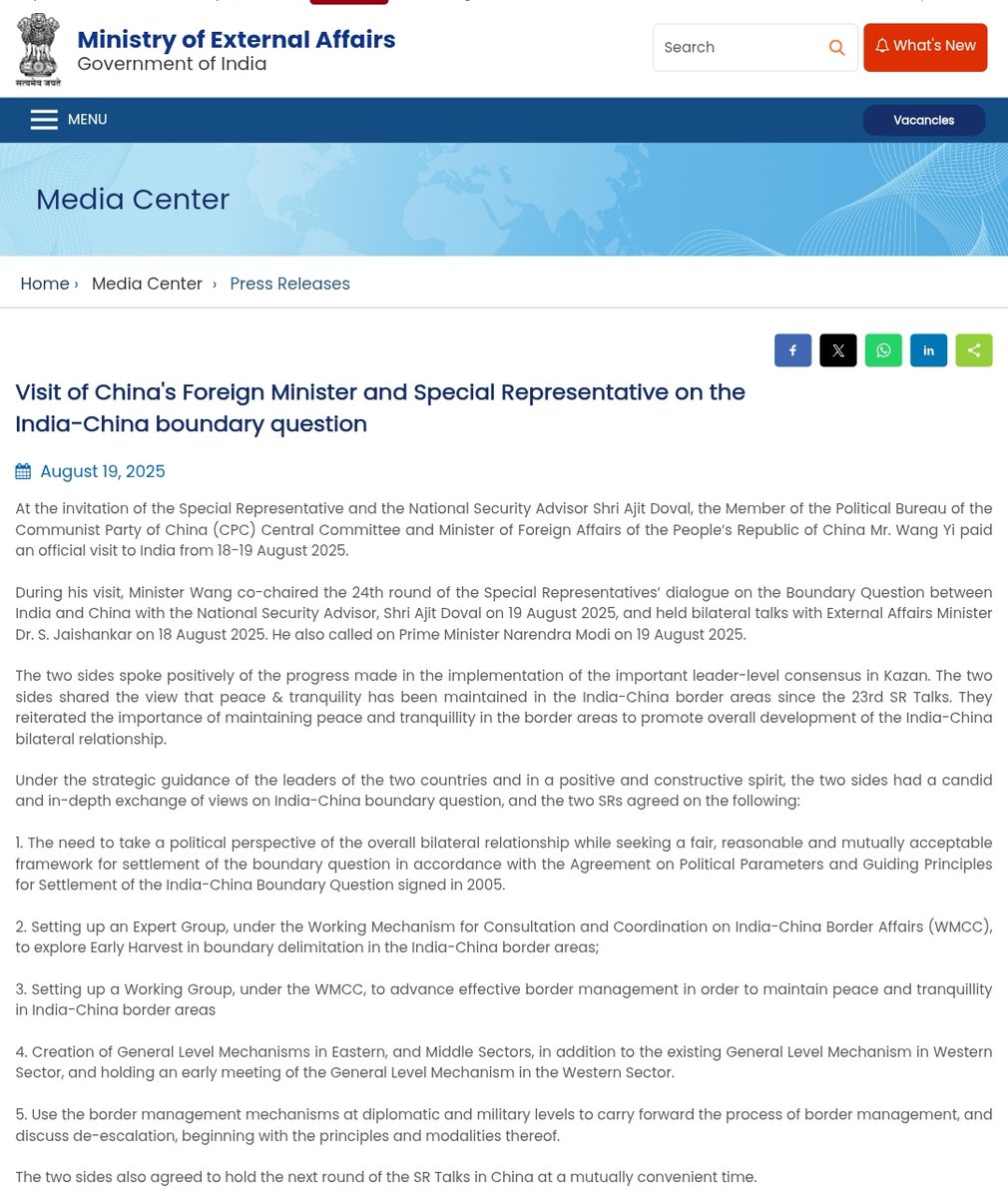 Breaking: India, China agree to establish an expert group under WMCC mechanism to "explore Early Harvest" on boundary delimitation on the India-China border areas