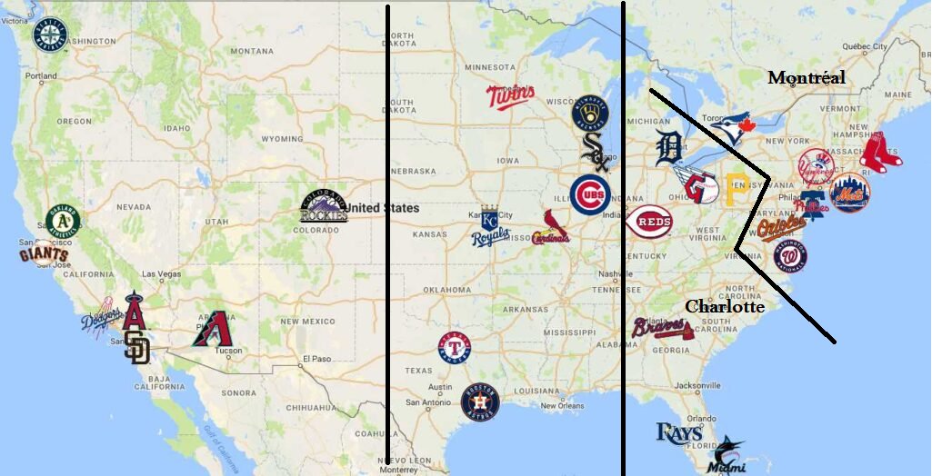 Dans ce texte sur l'expansion de la <a href="/MLB/">MLB</a> on met en lumière un excellent point. 

Il y a présentement 8 équipes qui évoluent dans l'Ouest, et 8 équipes qui jouent dans le fuseau horaire de la centrale. Il reste donc 14 équipes dans l'Est. 

Si on veut créer 4 divisions de 8