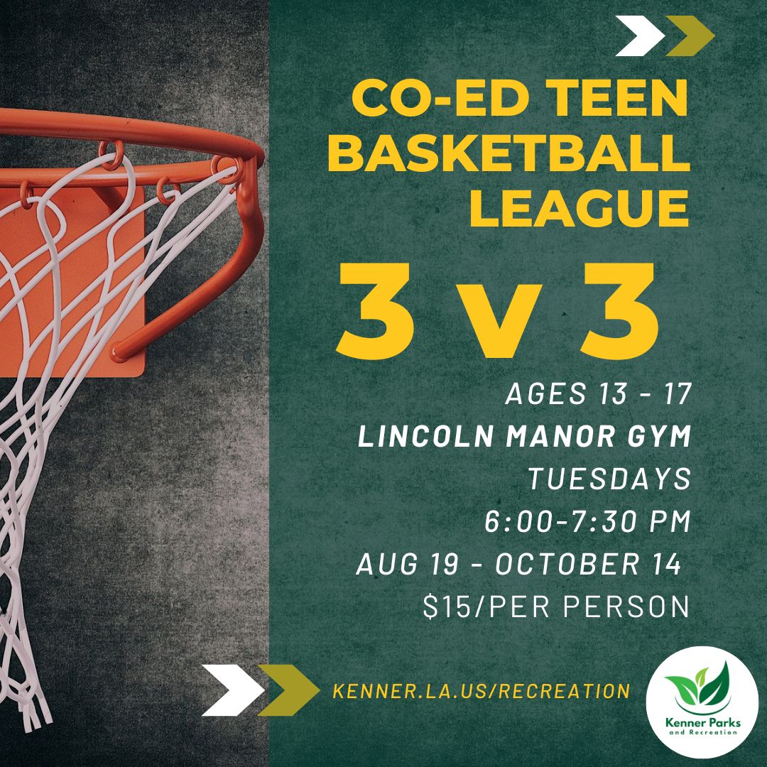 CityofKenner's tweet image. 🏀 Starting today! Registration open until August 24! Join our Co-Ed 3v3 Basketball League at Lincoln Manor Gym.

📅 Tuesdays | 6–7:30 PM
🗓 Aug 19 – Oct 14
👥 Ages 13–17
💲 $15 per person

Sign up now 👉 kenner.la.us/recreation
#KennerRecreation #3v3Hoops