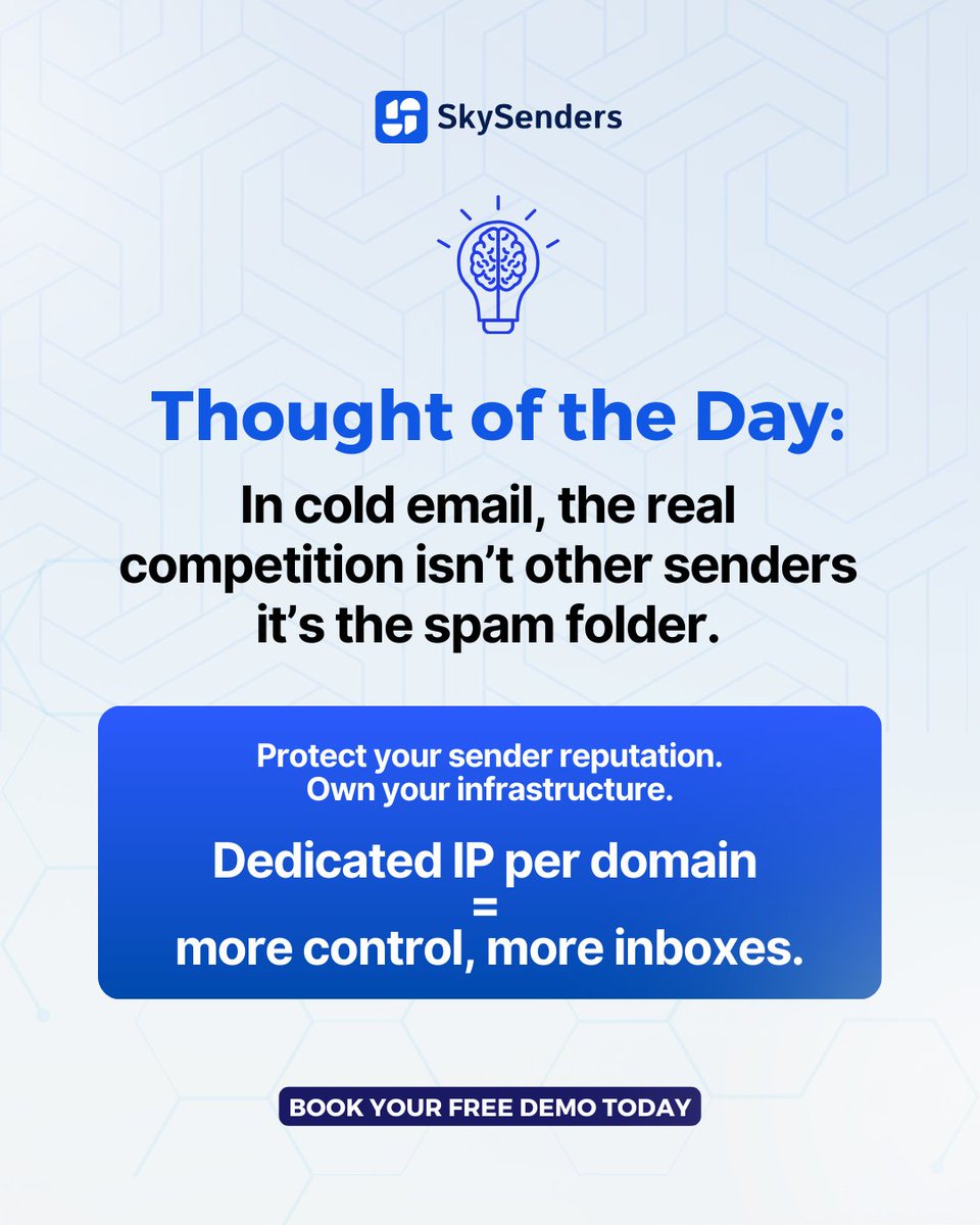 skysenders's tweet image. Your real competitor in cold email isn’t other senders - it’s the spam folder.
Protect your domain. Own your infra. Land in inboxes.

#EmailDeliverability #ColdEmailTips #B2BMarketing #SkySenders