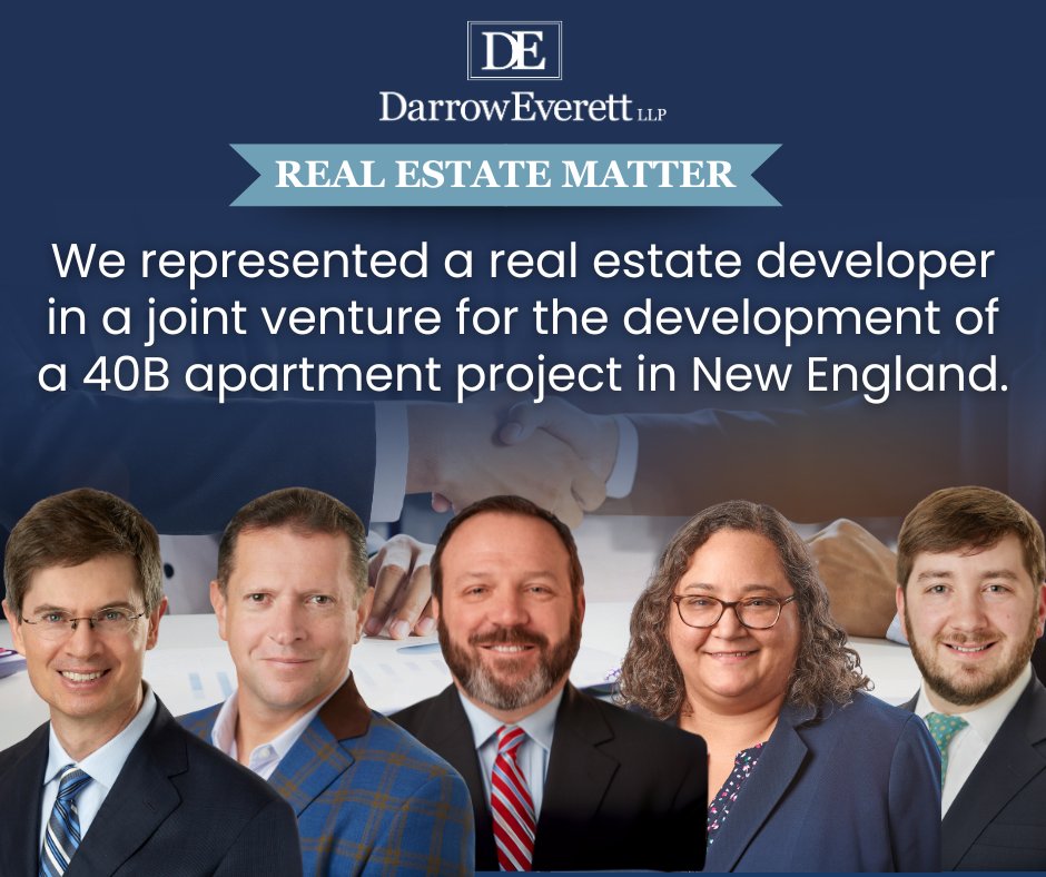 We represented a prominent real estate developer in a joint venture agreement for the development of a 40B apartment project in New England. The matter involved both registered and unregistered land, title matters, the development of easements and use restrictions and negotiation