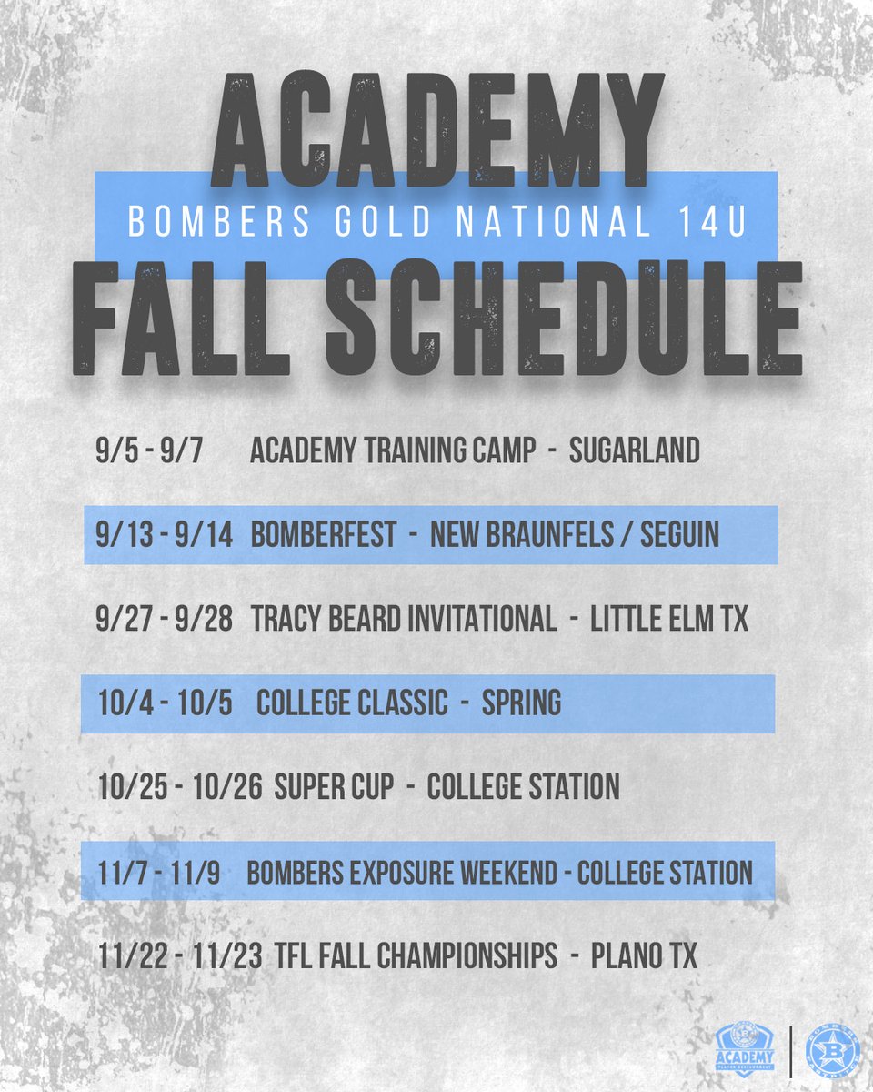 Check out Bombers Gold National 14U Fall Schedule! #bombernation #bombersacademy