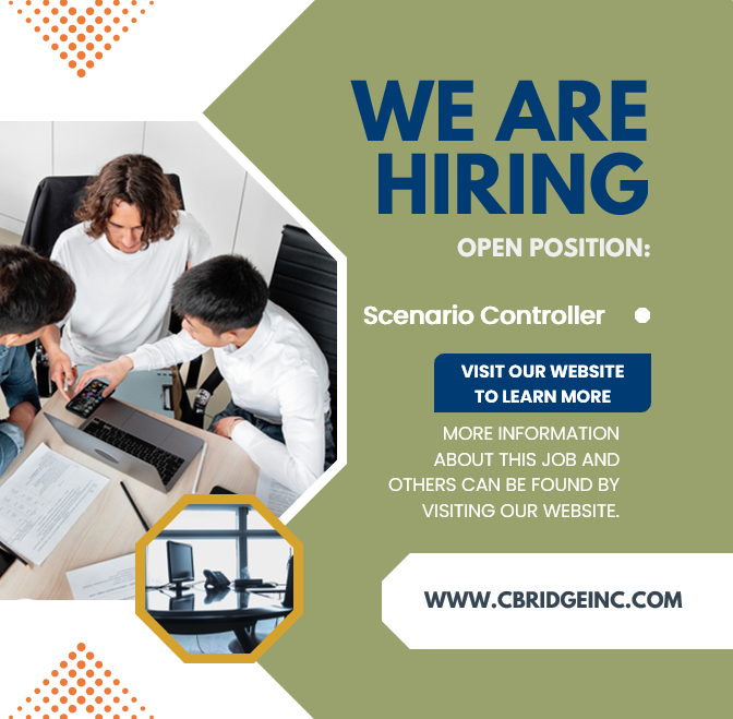 cbridgeinc's tweet photo. We're Hiring! We have an exciting position we're looking to fill right away:
- Scenario Controller - https://t.co/a1XEThOPge
Apply now or if you know someone who might be a good fit email recruiting@cbridgeinc.com https://t.co/zgKpW2nEt7