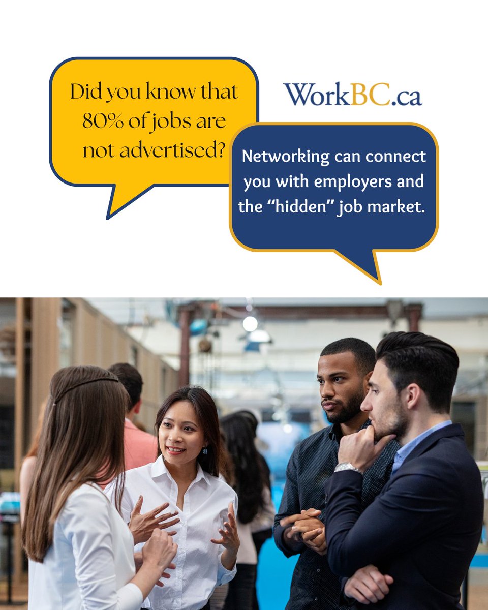 WorkBC's tweet photo. Nearly 80% of job vacancies are not advertised.
Networking can develop career contacts, improve communication skills and connect you to potential future employers.
Become a networking pro here: https://t.co/PfCjghk8wY
#WorkBC #Netoworking #CareerAdvice https://t.co/XcAWD0Teyl