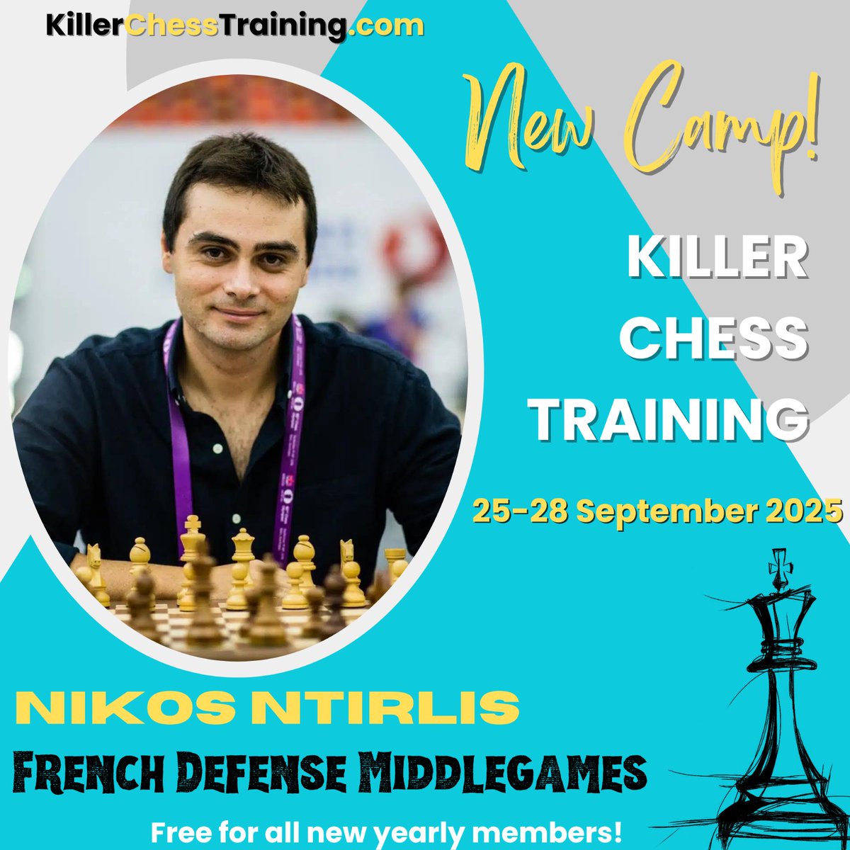 Excited to announce a New Camp on KCT! Learn the key strategies in the middlegames of the French Defense!
Presented by <a href="/NikolaosNtirlis/">Nikos Ntirlis</a> 
Three days, 12 hours in total of pure chess training. 
Sign up by using the link below:
killerchesstraining.com/product/a-new-…