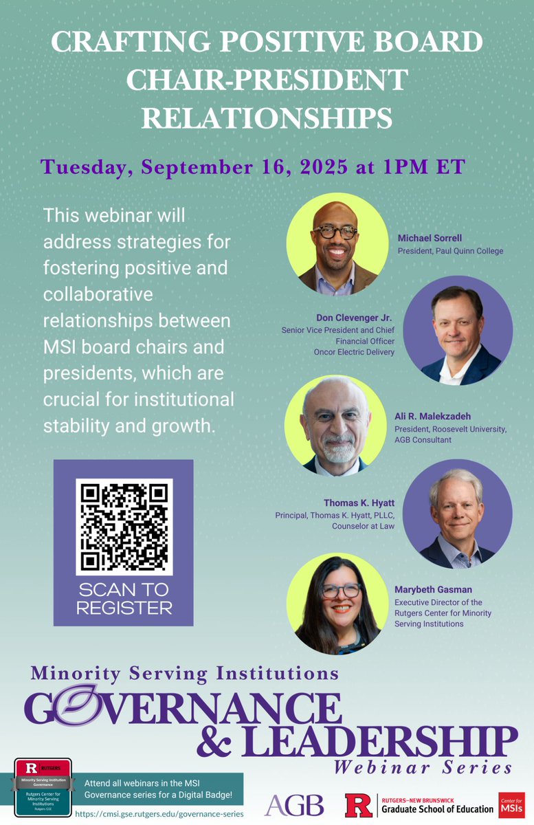 marybethgasman's tweet image. Join us on Tuesday, September 16, at 1 PM ET for "Crafting Positive Board Chair-President Relationships," a part of our #Governance Webinar Series! 

Register here: buff.ly/jKsy8XN

@RutgersGSE @RutgersU @RutgersU_News @CenterForMSIs #HSIs #HBCUs @michaelsorrell
