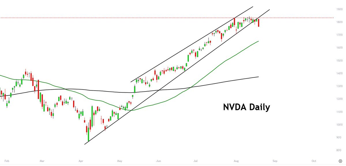 .
NVDA Breakdown
NVDA is currently down 2.88%. The bearish divergence I warned about on the RSI on NVDA in yesterday's video is playing out. The trendline has broken and backtested at major resistance. 

I told you that when this trendline breaks on Nvidia, the stock market will