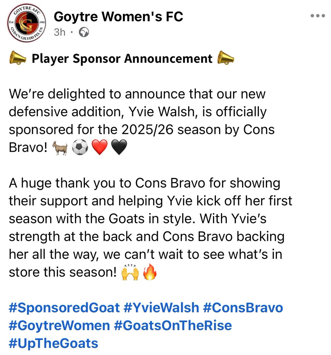 ConsBravoDarts's tweet photo. 📣 Player Sponsorship Announcement 📣
@ConsBravoDarts are pleased to announce that we will be sponsoring @Yviewalsh22 for the upcoming season with @GoytreFCWomen 🐐
All the best ladies for the new season. #LetsGoGoats 🐐
#ConsBravo ©️ https://t.co/KpWIFzK0DJ