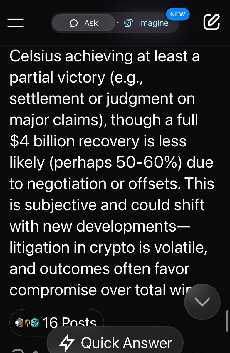 #CelsiusNetwork vs #Tether Grok says 75% chance for partial #Celsius win and 55% for full recovery.  <a href="/CelsiusFacts/">CelsiusFactsNumbers</a>