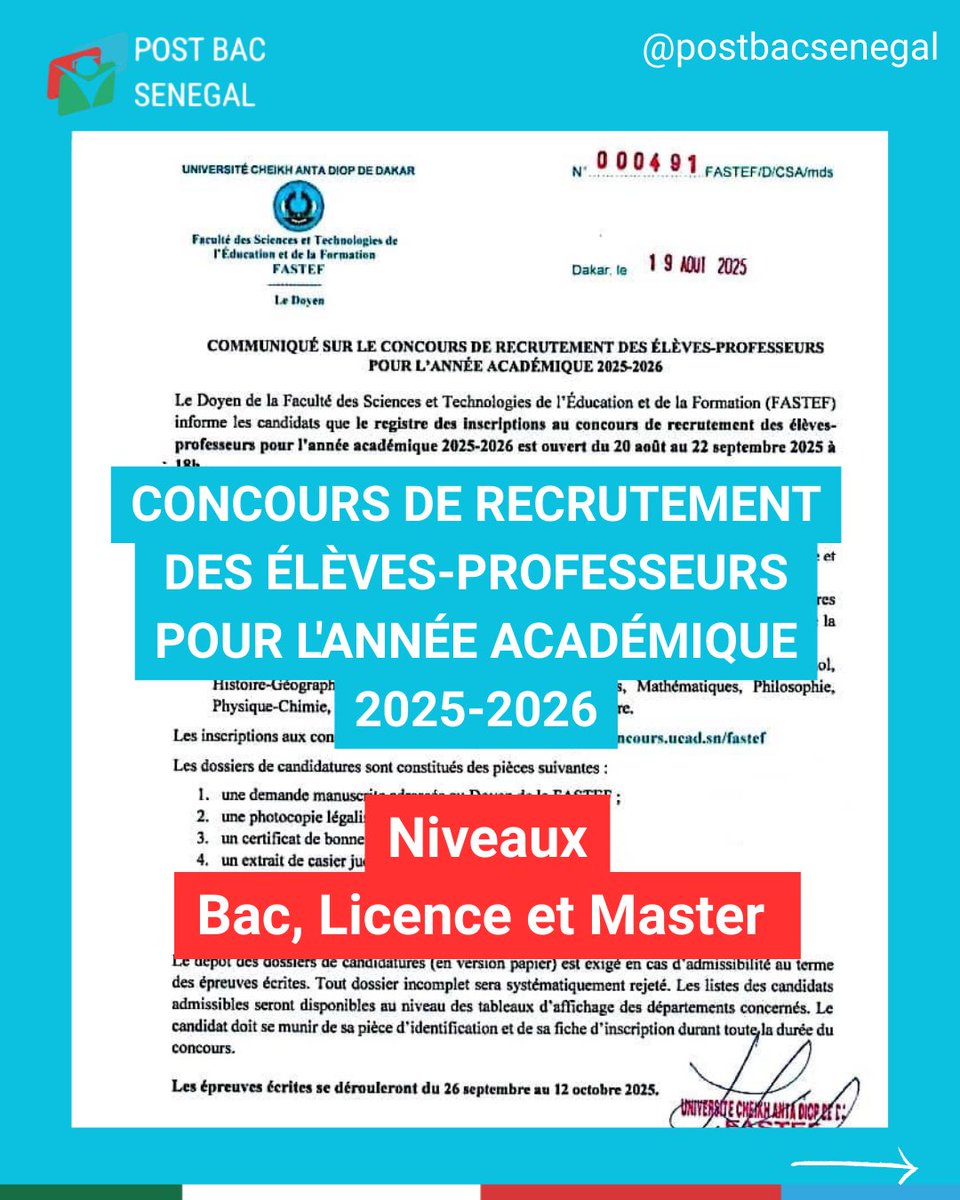 Postbacsenegal's tweet photo. 🎓LE CONCOURS DE RECRUTEMENT DES ÉLÈVES-PROFESSEURS
POUR L'ANNÉE ACADÉMIQUE 2025-2026
#postbacsenegal https://t.co/bkCt89x1h0