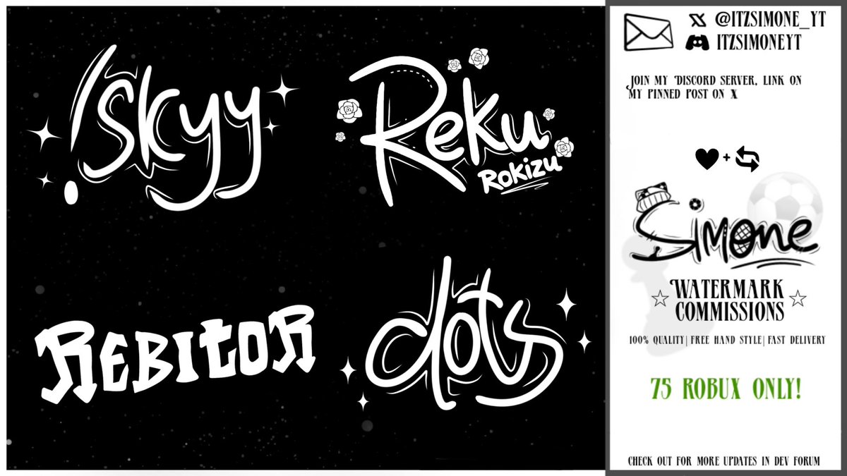 1k_SimonePlayz's tweet image. Latest Watermark Commissions
#roblox #robloxart #robloxlogos #robloxgfx #robloxdevs #robuxcommission