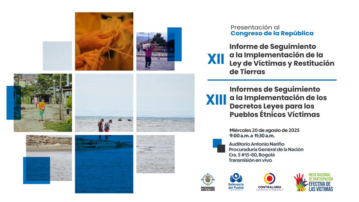 Defensoría del Pueblo (@defensoriacol) on Twitter photo ¡Prográmate!
Presentación de Informes de Seguimiento a la Política Pública de Víctimas
Como entidades que representan las voces de las víctimas del conflicto armado y sus familias, y en articulación con la <a href="/PGN_COL/">Procuraduría General de la Nación</a>, <a href="/CGR_Colombia/">Contraloría General de la República de Colombia</a> y la Mesa Nacional de Participación Efectiva de ¡Prográmate!
Presentación de Informes de Seguimiento a la Política Pública de Víctimas
Como entidades que representan las voces de las víctimas del conflicto armado y sus familias, y en articulación con la <a href="/PGN_COL/">Procuraduría General de la Nación</a>, <a href="/CGR_Colombia/">Contraloría General de la República de Colombia</a> y la Mesa Nacional de Participación Efectiva de