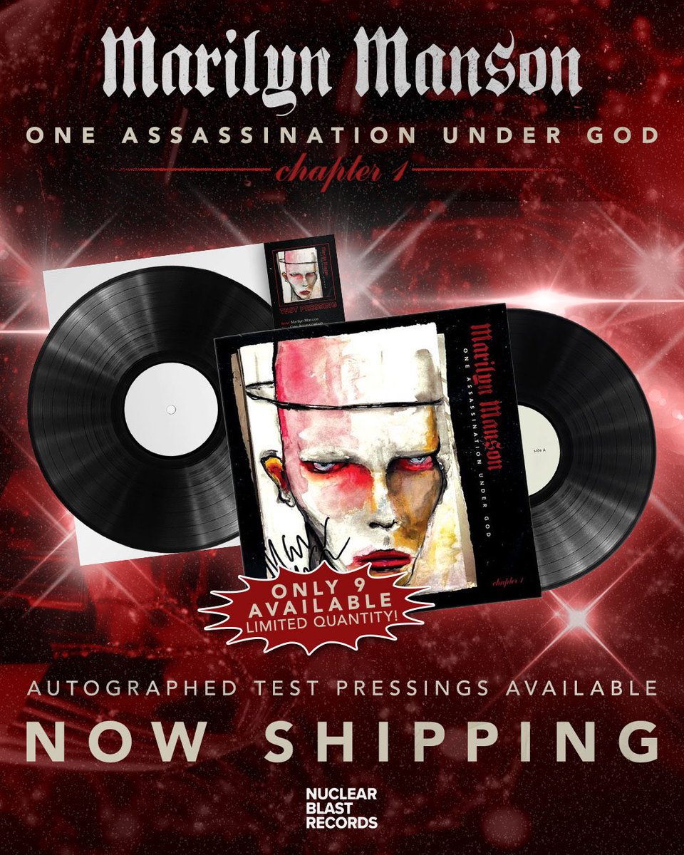 𝗢𝗡𝗟𝗬 𝟵 𝗔𝗩𝗔𝗜𝗟𝗔𝗕𝗟𝗘 - Signed by Marilyn Manson. Autographed test pressings of One Assassination Under God - Chapter 1 available at:
shop.nuclearblast.com/collections/ma…