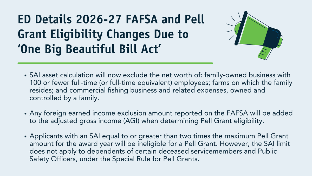 nasfaa's tweet photo. The Department of Education published an electronic announcement on Monday explaining how the “One Big Beautiful Bill Act” will impact #PellGrant eligibility and updates to the Student Aid Index (SAI) calculation beginning with the 2026-27 #FAFSA cycle: https://t.co/PeKlJj8lmo https://t.co/ElnxNogNQV