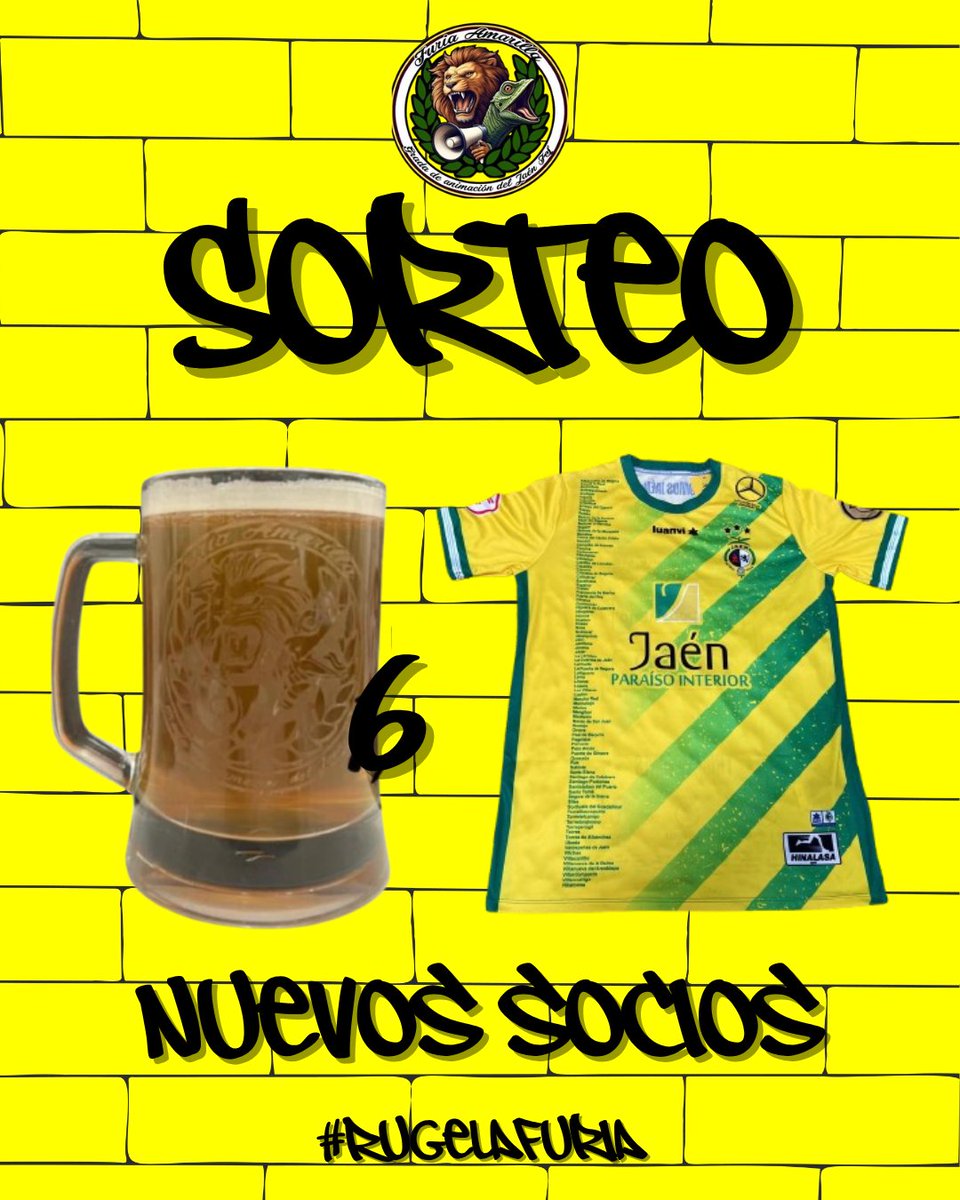 🙌🏻 ¿Quieres entrar en el sorteo?

🆕 Hazte nuevo socio de Furia Amarilla y automáticamente entraras en el sorteo de:

- 6 Jarras de FA
- Camiseta Jaén FS (Pueblos)

⬇️ Inscripciones ⬇️
bit.ly/inscripcionfur…

#RugeLaFuria 💛💚