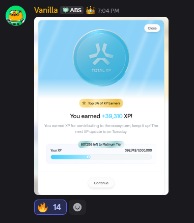 AltcoinSurfers's tweet photo. It's Tuesday, which means it's @AbstractChain XP day 🥳

Congratulations to our top XP earners:
@DenisVlg000 52,906 XP
@geniexbtz 43,793 XP
@CR24wrx 42,006 XP
@ValentinaL51142 39,310 XP

How much did you get? 👀