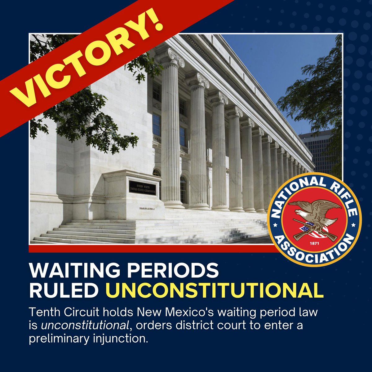 NRA (@nra) on Twitter photo 🚨 NRA Victory! 10th Circuit holds New Mexico's 7-day waiting period unconstitutional in Ortega v. Grisham, a case brought by NRA and <a href="/MSLF/">Mountain States Legal Foundation</a>, with the support of <a href="/NSSF/">NSSF—The Firearm Industry Trade Association</a>. 🚨 NRA Victory! 10th Circuit holds New Mexico's 7-day waiting period unconstitutional in Ortega v. Grisham, a case brought by NRA and <a href="/MSLF/">Mountain States Legal Foundation</a>, with the support of <a href="/NSSF/">NSSF—The Firearm Industry Trade Association</a>.