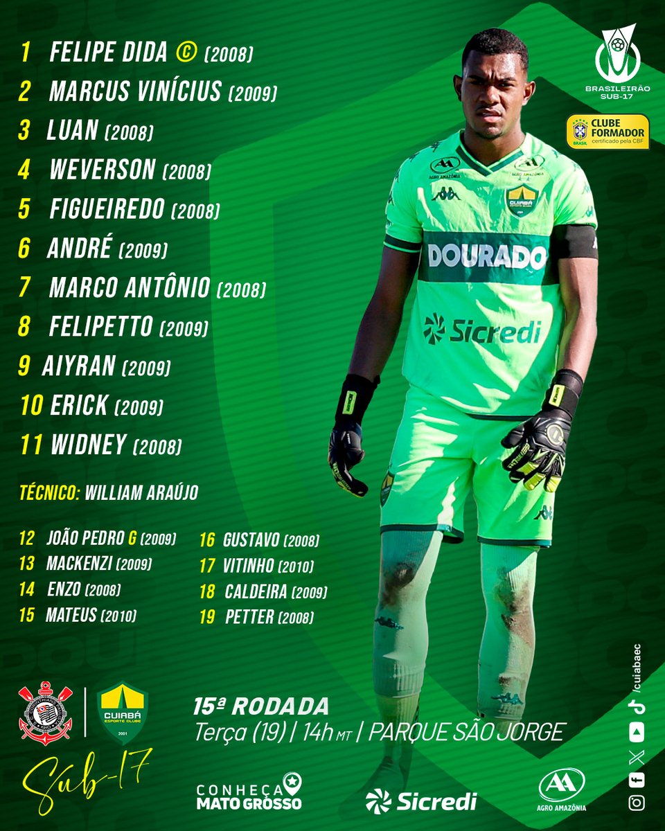 O Dourado está pronto e escalado para enfrentar o Corinthians pelo Brasileiro Sub-17.

#OrgulhodeMatoGrosso #CuiaBase